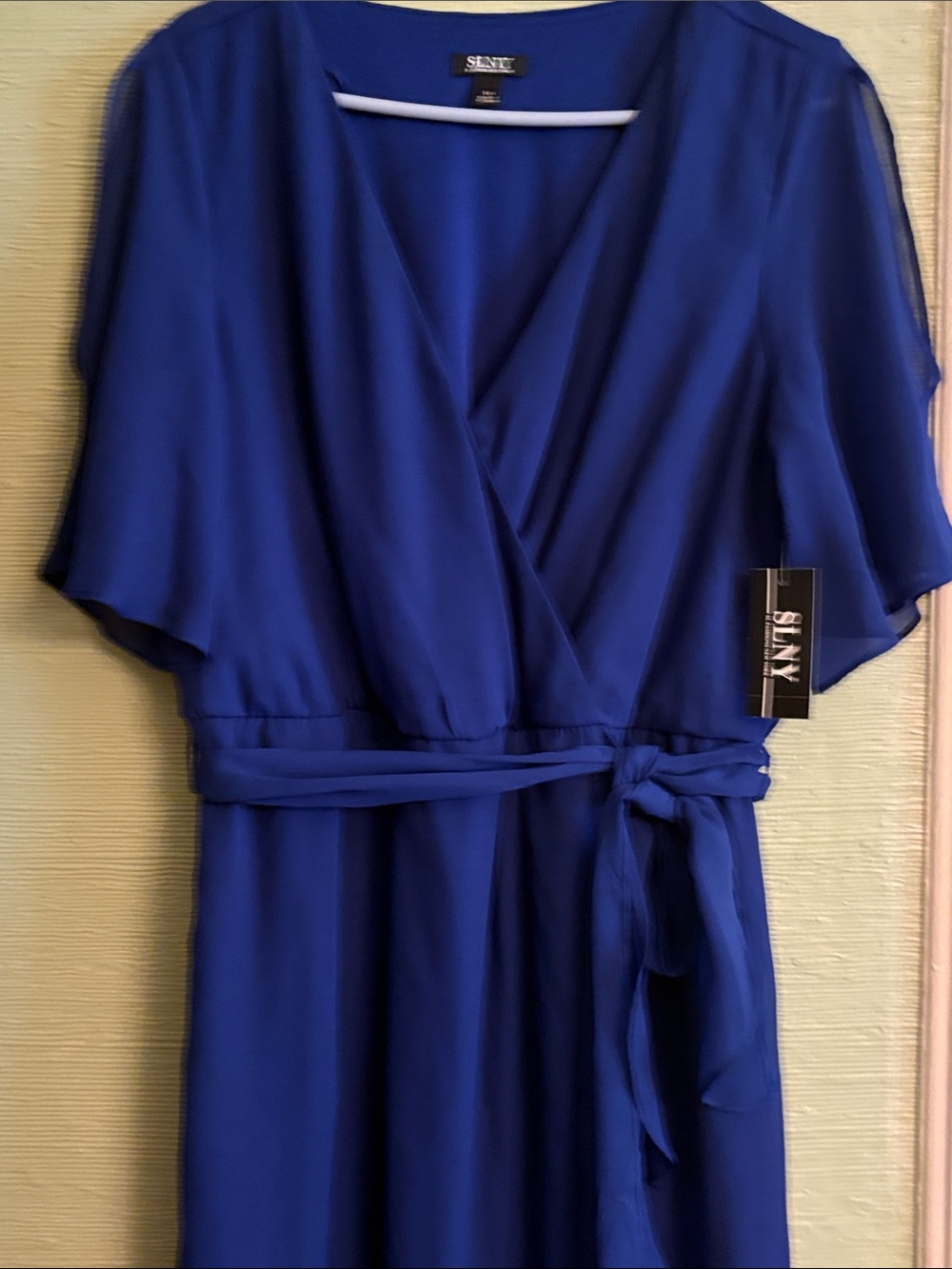 SLNY Cobalt Blue Wrap Midi Dress with Sash